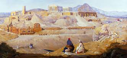 painting of ancient Athens, with a couple people kneeling at front looking out upon structures like the Acropolis in the background