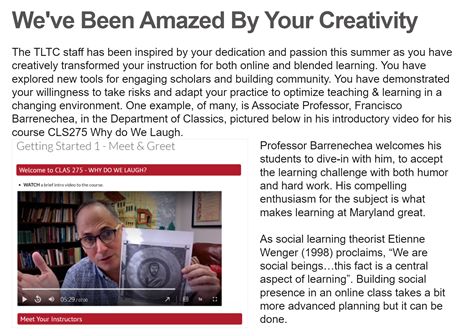 screenshot of TLTC newsletter featuring Professor Barrenechea's course redesign