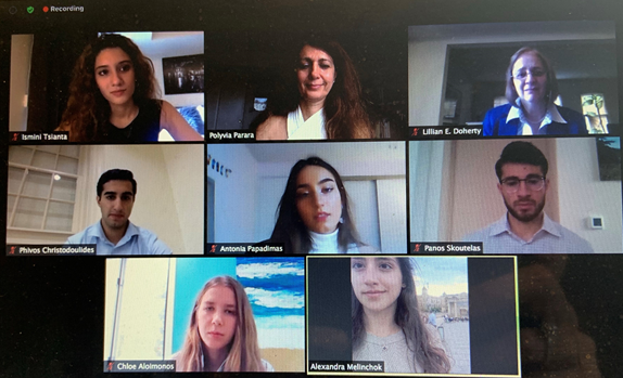 Screenshot of 8 participants on Zoom, each in their own "box" looking at the screen as someone speaks