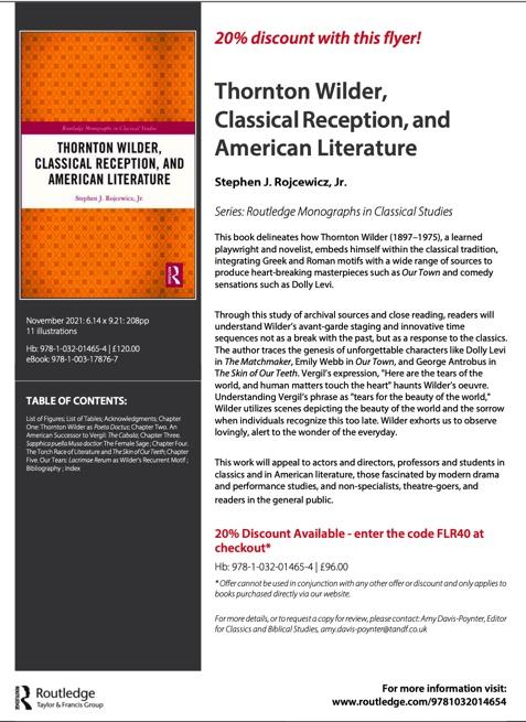 Thornton Wilder, Classical Reception and American Literature book launch 2