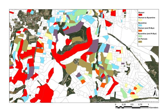 Color shapefiles laid over a map in GIS showing relative density of chronological occupation based on archaeological evidence. Compiled by Chris Cloke.